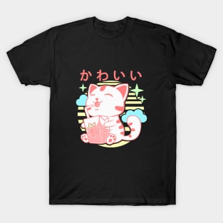 Kawaii Aesthetics Japanese Strawberry Milk Shake かわいい Cat - Pink - Strawberry Milk T-Shirt